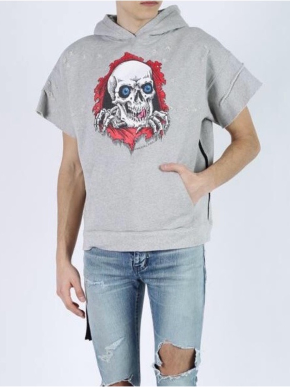 Ben Taverniti brand NEW gray Hooded distressed Sweatshirt with Skull Graphic